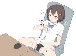 Rule 34 | 1girl, absurdres, black panties, blue bow, blue bowtie, blush, bow, bowtie, breasts, brown eyes, brown hair, chair, desk, earbuds, earphones, female focus, female masturbation, fingering, hair ornament, hairclip, half-closed eyes, hand under clothes, hand up, highres, japanese text, masturbation, matching hair/eyes, mouse (computer), original, panties, parted lips, grabbing own breast, shirt, short hair, short sleeves, sitting, small breasts, solo, speech bubble, spread legs, sweat, teeth, underwear, vaginal, wararu (user uecx7457), wet, wet clothes, wet panties, white background, white shirt