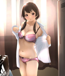 Rule 34 | 1girl, adidas, bag, blouse, blush, breasts, brown hair, commission, dressing room, highres, indoors, long hair, looking at viewer, medium breasts, navel, open clothes, open mouth, open shirt, original, panties, pink panties, pixiv commission, red eyes, satin bra, satin panties, shirt, solo, tama (tamago), twintails, underwear, undressing, white shirt