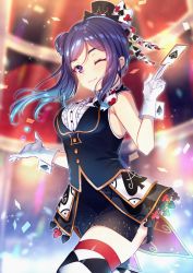 Rule 34 | 1girl, ;), ace (playing card), ace of spades, alternate hairstyle, black hat, black skirt, blue hair, blurry, blurry background, bow, bowtie, card, center frills, coattails, confetti, frills, gloves, hair bun, hands up, hat, highres, holding, holding card, looking at viewer, love live!, love live! school idol festival, love live! sunshine!!, matsuura kanan, moyui (myi 005), one eye closed, playing card, playing card print, print bow, print bowtie, print neckwear, purple eyes, side bun, side ponytail, side slit, single side bun, skirt, sleeveless, smile, solo, spade (shape), thighhighs, vest, white gloves