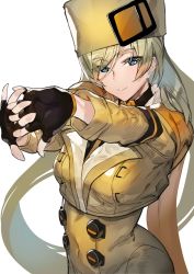 Rule 34 | 1girl, ashiomi masato, blonde hair, blue eyes, breasts, closed mouth, fingerless gloves, fur hat, gloves, guilty gear, guilty gear strive, hat, long hair, looking at viewer, millia rage, simple background, smile, solo, very long hair, white background