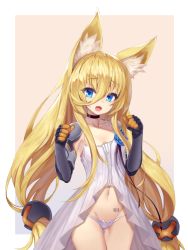 Rule 34 | 1girl, absurdly long hair, animal ear fluff, animal ears, barcode, barcode tattoo, blonde hair, blouse, blue eyes, blue flower, blue rose, breasts, cat ears, choker, cleavage, collarbone, cowboy shot, ehart, elbow gloves, eyes visible through hair, fang, flower, g41 (girls&#039; frontline), girls&#039; frontline, gloves, glowing, hair between eyes, heterochromia, long hair, looking at viewer, low-tied long hair, navel, open mouth, panties, red eyes, rose, shirt, shoulder guard, sidelocks, simple background, small breasts, smile, solo, stomach, tattoo, thighs, twintails, underwear, very long hair, white panties, white shirt