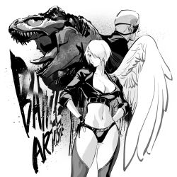 Rule 34 | 1girl, 2boys, angel (kof), breasts, dinosaur costume, english text, eyepatch, highres, king of dinosaurs, large breasts, midriff, multiple boys, navel, one eye covered, ramon (kof), short hair, single wing, the king of fighters, wenwen, white hair, wings