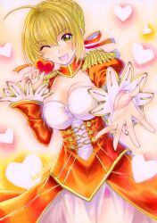 Rule 34 | 1girl, ahoge, blonde hair, blush, braid, braided bun, breasts, cleavage, dress, epaulettes, fate/extra, fate (series), gold trim, hachi78b, hair bun, hair ribbon, heart, highres, holding, juliet sleeves, large breasts, long sleeves, looking at viewer, marker (medium), nero claudius (fate), nero claudius (fate) (all), nero claudius (fate/extra), one eye closed, open mouth, puffy sleeves, reaching, reaching towards viewer, red dress, red ribbon, ribbon, single hair bun, smile, solo, traditional media, upper body, valentine, yellow eyes