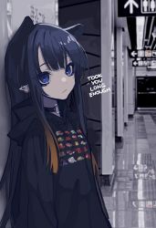 Rule 34 | 1girl, absurdres, bags under eyes, black hair, blue eyes, casual, choker, earrings, english text, highres, hololive, hololive english, hood, hoodie, jewelry, long hair, looking at viewer, mentally deficient, ninomae ina&#039;nis, photo background, pointy ears, solo, virtual youtuber