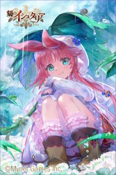 Rule 34 | 1girl, age of ishtaria, animal ears, blue eyes, blue flower, blush, boots, cliff, closed mouth, copyright notice, day, dress, flower, frog, hair flower, hair ornament, hairclip, leaf, long hair, looking at viewer, mizushirazu, pink hair, plant, rain, raisin (fruit), sitting, smile, snail, tree, watermark, wet, wet clothes, white dress