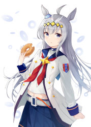 Rule 34 | 1girl, :t, absurdres, ahoge, animal ears, bad id, bad pixiv id, blue sailor collar, blue skirt, closed mouth, commentary request, doughnut, food, grey eyes, grey hair, hair between eyes, hand up, highres, holding, holding food, horse ears, jacket, long hair, long sleeves, looking at viewer, oguri cap (umamusume), open clothes, open jacket, pleated skirt, red neckwear, sailor collar, school uniform, serafuku, shirt, simple background, skirt, solo, twitter username, umamusume, very long hair, white background, white jacket, white shirt, yimiao