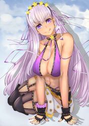 Rule 34 | 1girl, bb (fate), bb (fate) (all), bb (swimsuit mooncancer) (fate), bb (swimsuit mooncancer) (second ascension) (fate), belt, bikini, black gloves, breasts, choker, cleavage, commentary, commission, earrings, english commentary, fate/grand order, fate (series), fingerless gloves, gloves, gyaru, hair ornament, hair ribbon, highres, jewelry, large breasts, long hair, loose belt, nail polish, parted lips, purple bikini, purple eyes, purple hair, purple ribbon, ribbon, solo, star (symbol), star choker, star earrings, star hair ornament, swimsuit, taiko3000cc, tan, thighhighs, tongue, tongue out, very long hair