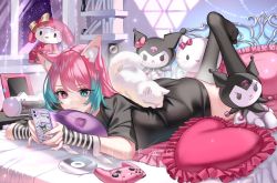 Rule 34 | 1girl, animal, animal ear fluff, animal ears, animal on back, black thighhighs, blue eyes, blue hair, blush, cat, cat ears, cd, cellphone, closed mouth, controller, copyright request, full body, game controller, heart, heart-shaped pillow, hello kitty, highres, holding, holding phone, indie virtual youtuber, looking at phone, lying, multicolored hair, no shoes, on bed, on stomach, onegai my melody, phone, pillow, pink eyes, pink hair, rafilia (vtuber), ringeko-chan, sanrio, smartphone, solo, stuffed animal, stuffed toy, the pose, thighhighs, two-tone hair, virtual youtuber