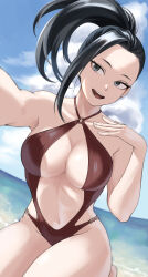 Rule 34 | 1girl, :d, absurdres, asymmetrical hair, beach, black hair, boku no hero academia, breasts, cleavage, cloud, collarbone, day, fengling (furin-jp), grey eyes, groin, hand up, highres, kneeling, large breasts, long hair, looking at viewer, medium breasts, navel, o-ring, o-ring swimsuit, one-piece swimsuit, open mouth, outstretched arm, ponytail, red one-piece swimsuit, sky, smile, solo, stomach, swimsuit, thick thighs, thighs, yaoyorozu momo