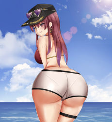 Rule 34 | 1girl, absurdres, ass, bare shoulders, baseball cap, bikini, bikini top only, blush, breasts, come hither, danzfloor, from behind, hat, heterochromia, highres, hololive, houshou marine, huge ass, large breasts, leaning, leaning forward, long hair, looking at viewer, looking back, naughty face, red eyes, red hair, shiny clothes, shiny skin, short shorts, shorts, sideboob, smile, solo, swimsuit, thigh strap, tongue, tongue out, twintails, very long hair, virtual youtuber, yellow eyes