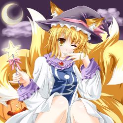 Rule 34 | 1girl, animal ears, bad id, bad pixiv id, cloud, crescent moon, female focus, fox ears, fox tail, halloween, hat, jack-o&#039;-lantern, kmkm9696, moon, multiple tails, night, night sky, pinky out, pumpkin, short hair, sky, smile, solo, tail, touhou, wand, wink, witch hat, yakumo ran, yellow eyes