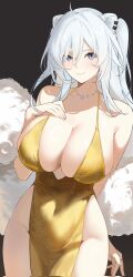 Rule 34 | 1girl, alternate costume, animal ear piercing, animal ears, black background, breasts, cleavage, collarbone, ear piercing, gold dress, grey eyes, grey hair, highres, hololive, jewelry, large breasts, lion ears, lion girl, necklace, piercing, riu play, shishiro botan, simple background, solo, virtual youtuber