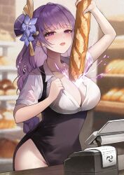 Rule 34 | 1girl, baguette, blurry, blurry background, blush, braid, bread, breasts, cleavage, collarbone, colorless (shachiwhitebb), commentary request, counter, dress, electricity, flower, food, genshin impact, hair ornament, heart, heart-shaped pupils, highres, large breasts, long hair, looking at viewer, mole, mole under eye, purple eyes, purple hair, raiden shogun, side slit, solo, symbol-shaped pupils