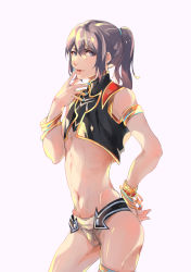 Rule 34 | 00s, 1boy, adapted costume, alternate hairstyle, armlet, arrow (projectile), black hair, blue eyes, blue nails, bracelet, cowboy shot, crop top, finger to mouth, hair between eyes, hair tie, hand on own hip, highres, jewelry, loincloth, looking at viewer, male focus, midriff, nail polish, navel, no pants, official alternate costume, parted lips, ponytail, sleeveless, solo, soysae, stomach, tales of (series), tales of vesperia, thighlet, underwear, yuri lowell