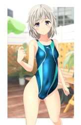 Rule 34 | 1girl, absurdres, bench, blue one-piece swimsuit, blurry, breasts, cameltoe, competition swimsuit, contrapposto, covered navel, cowboy shot, depth of field, dolphin print, fence, grey eyes, groin, high school fleet, highleg, highleg swimsuit, highres, looking at viewer, multicolored clothes, multicolored swimsuit, one-piece swimsuit, plant, short hair, silver hair, small breasts, solo, standing, swimsuit, takafumi, tateishi shima, umbrella, wooden fence