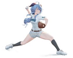 Rule 34 | 1girl, absurdres, ahoge, alternate costume, ball, baseball, baseball glove, baseball uniform, belt, belt buckle, black socks, blue hair, buckle, carlo montie, clothes writing, collarbone, ganyu (genshin impact), genshin impact, goat horns, highres, horns, kneehighs, long hair, playing sports, shoes, shorts, signature, simple background, sneakers, socks, solo, sportswear, throwing, white background