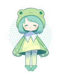Rule 34 | 1girl, :3, = =, animal costume, ankle boots, ayu (mog), blush, boots, closed mouth, closed eyes, frog costume, green footwear, green hair, green thighhighs, hood, hood up, long sleeves, original, raincoat, sleeves past fingers, sleeves past wrists, smile, solo, standing, thighhighs