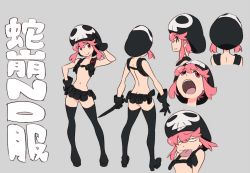 Rule 34 | 10s, 1girl, ass, belt, black gloves, black thighhighs, butt crack, character sheet, flat chest, gloves, hat, holster, jakuzure nonon, kill la kill, knife, navel, nudist beach uniform, official art, open mouth, pink eyes, pink hair, shoulder holster, sidelocks, simple background, smile, spoilers, sushio, thighhighs, tongue, tongue out, utility belt, weapon
