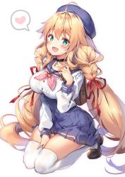 Rule 34 | 1girl, ahoge, alternate costume, azur lane, bag, beret, blonde hair, blouse, blush, braid, breasts, collarbone, full body, green eyes, hair ribbon, hat, heart, jewelry, large breasts, le temeraire (azur lane), long hair, looking at viewer, neckerchief, necklace, pink neckerchief, ribbon, riichu, school uniform, shirt, simple background, solo, spoken heart, thighhighs, twin braids, very long hair, white background, white shirt, white thighhighs
