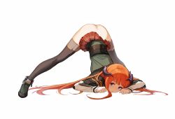Rule 34 | 1girl, arknights, ass, bagpipe (arknights), black capelet, black thighhighs, boots, capelet, closed mouth, commentary, dragon horns, green footwear, green vest, highres, horns, jack-o&#039; challenge, long hair, looking at viewer, meme, miniskirt, no panties, orange hair, plaid, plaid skirt, pleated skirt, purple eyes, qinglai haiji, shirt, simple background, skirt, smile, solo, spread legs, thighhighs, top-down bottom-up, vest, white background, white shirt