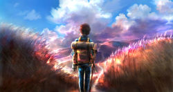 Rule 34 | 00, 1boy, backpack, bag, black hair, canteen, cloud, cloudy sky, colorful, day, field, from behind, gloves, grass, highres, hiking, hill, horizon, male focus, original, path, road, scenery, short hair, sky, solo, sunlight, twilight