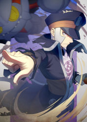 Rule 34 | 1boy, belt, belt buckle, black coat, black headwear, blurry, bracelet, brown belt, buckle, closed mouth, coat, commentary request, creatures (company), facial hair, frown, game freak, gen 4 pokemon, gliscor, goatee, grey eyes, grey hair, hat, high collar, highres, holding, holding poke ball, ingo (pokemon), jewelry, long sideburns, male focus, minamo (erkn7553), nintendo, outstretched arm, peaked cap, pearl clan outfit, pointing, poke ball, poke ball (legends), pokemon, pokemon (creature), pokemon legends: arceus, short hair, sideburns, torn clothes, torn coat, trench coat