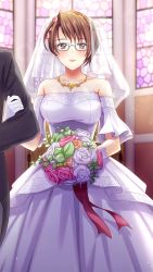 Rule 34 | 1boy, 1girl, blush, bouquet, bridal veil, brown eyes, brown hair, church, closed mouth, collarbone, detached sleeves, doukyuusei, doukyuusei another world, dress, flower, game cg, glasses, gloves, hair flower, hair ornament, holding, holding bouquet, indoors, jewelry, layered dress, long dress, looking at viewer, necklace, official art, pink flower, pink rose, rose, serizawa yoshiko, short hair, sleeveless, sleeveless dress, smile, solo focus, strapless, strapless dress, veil, wedding dress, white dress, white flower, white gloves, white rose, white sleeves, yellow flower