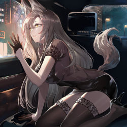 Rule 34 | 1girl, animal ears, black dress, black footwear, black gloves, black thighhighs, breasts, brown hair, city lights, dog ears, dog girl, dog tail, dress, gloves, high heels, highres, large breasts, long hair, looking away, nr noir, original, pencil dress, pencil skirt, see-through, shoes, sitting, sitting on lap, sitting on person, skirt, skyline, solo, tail, thighhighs, thighs, tight clothes, valentine, yellow eyes