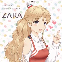 Rule 34 | 1girl, absurdres, apron, blonde hair, blush, braid, buttons, character name, grey eyes, hat, highres, kantai collection, long hair, long sleeves, mini hat, open mouth, red apron, shirt, smile, solo, sorairo haruka, upper body, white hat, white shirt, zara (kancolle)