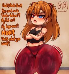 Rule 34 | 1girl, ?, absurdres, anus, artist name, ass, bare arms, bare shoulders, blush, breasts, brown hair, cameltoe, chibi, crossed arms, curvy, day, embarrassed, english text, greatestgori, gym uniform, hair ornament, heavy breathing, highres, huge ass, long hair, looking at another, looking at viewer, neon genesis evangelion, open mouth, outdoors, pants, petite, plump, see-through, see-through shirt, shirt, shortstack, skin tight, skindentation, small breasts, solo, souryuu asuka langley, spread ass, standing, steaming body, sweatdrop, thick thighs, thigh gap, thighs, twintails, two side up, underwear, wedgie, wet, wet clothes, wet shirt, wide hips, yoga pants