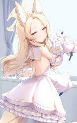 Rule 34 | 1girl, animal ears, backless dress, backless outfit, basa rutan, bird, blonde hair, blue archive, blush, cowboy shot, curtains, detached sleeves, dress, forehead, fox ears, fox girl, fox tail, from behind, halo, highres, indoors, long hair, long sleeves, looking at viewer, looking back, parted bangs, parted lips, petticoat, pleated dress, red eyes, sailor collar, seia (blue archive), sidelocks, sleeveless, sleeveless dress, sleeves past fingers, sleeves past wrists, solo, tail, white sailor collar, white sleeves, window