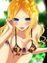 Rule 34 | 10s, 1girl, ansatsu kyoushitsu, bad id, bad pixiv id, bent over, bikini, blonde hair, blue eyes, breasts, floral print, front-tie top, gradient background, hand on own cheek, hand on own face, hanging breasts, hi-ma, irina jelavic, legs, long hair, looking at viewer, side-tie bottom, solo, swimsuit, thigh gap, tongue, tongue out