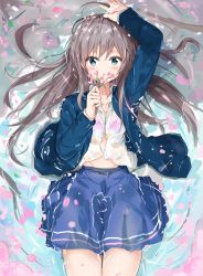 Rule 34 | 1girl, absurdres, aqua eyes, arm up, blue jacket, blue skirt, blush, bra, brown hair, cherry blossoms, flower, from above, highres, holding, holding flower, jacket, long hair, long sleeves, looking at viewer, lying, midriff peek, na kyo, navel, on back, open clothes, open jacket, open mouth, original, partially submerged, petals, pink bra, pleated skirt, ripples, school uniform, shirt, skirt, solo, sparkle, underwear, water, wet, wet clothes, wet shirt, white shirt