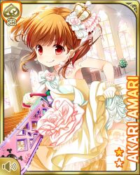 Rule 34 | 1girl, amari akari, bow, brown hair, card (medium), chainsaw, character name, closed mouth, crown, dress, frills, girlfriend (kari), gloves, indoors, mini crown, nail polish, official art, pink bow, qp:flapper, red eyes, school, shoes, smile, solo, standing, tagme, tongue, tongue out, wedding dress, white bow, white dress, white gloves