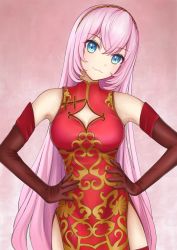 Rule 34 | 1girl, :3, absurdres, bad id, bad pixiv id, blue eyes, china dress, chinese clothes, cleavage cutout, clothing cutout, commentary, cowboy shot, dress, elbow gloves, gloves, gold trim, hairband, hands on own hips, head tilt, highres, kougyoku (module), long hair, looking at viewer, megurine luka, nekoinu bamboo, pink background, pink hair, project diva (series), red dress, red gloves, side slit, smile, solo, standing, very long hair, vocaloid