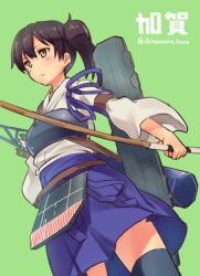 Rule 34 | 10s, 1girl, arrow (projectile), blue hakama, bow (weapon), brown eyes, brown hair, character name, flight deck, green background, hakama, hakama skirt, japanese clothes, kaga (kancolle), kantai collection, muneate, quiver, shinonome haru, short sidetail, skirt, solo, thighhighs, twitter username, weapon