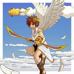 Rule 34 | 1boy, :3, above clouds, angel, armlet, bare shoulders, bike shorts, blue eyes, blue sky, blush stickers, border, bow (weapon), brown eyes, brown footwear, brown hair, closed mouth, cloud, creatures (company), crossover, day, feathered wings, feathers, flying, fur-trimmed footwear, fur trim, game freak, gen 1 pokemon, gold, happy, holding, holding bow (weapon), holding weapon, kid icarus, laurel crown, male focus, midair, nintendo, outside border, pikachu, pit (kid icarus), pokemon, pokemon (creature), sandals, short hair, sidelocks, sky, smile, smoke, solo focus, spiked hair, super smash bros., thighlet, toga, tsuji, weapon, white border, white wings, wings