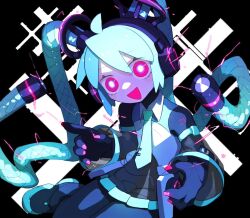 Rule 34 | 1girl, aqua hair, aqua necktie, black background, bright pupils, cable hair, cheri zao, collared shirt, detached sleeves, glowing, glowing eyes, hatsune miku, headphones, long hair, necktie, number tattoo, open mouth, pink nails, red eyes, robot girl, see-through, see-through skirt, see-through sleeves, shirt, skirt, solo, tattoo, twintails, very long hair, vocaloid, white pupils, white shirt