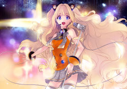 Rule 34 | 1girl, animal ears, bad id, bad pixiv id, blonde hair, blue eyes, bow, bracelet, chloe2021, female focus, gradient background, highres, jewelry, long hair, microphone, microphone stand, music, open mouth, seeu, singing, skirt, solo, thighhighs, very long hair, vocaloid, zettai ryouiki