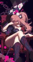 Rule 34 | 1girl, absurdres, ass, bear hair ornament, black background, black footwear, black shirt, blood, boots, bow, breasts, chair, danganronpa: trigger happy havoc, danganronpa (series), enoshima junko, flowercz, hair ornament, highres, knee boots, large breasts, long hair, looking at viewer, nail polish, pink blood, pleated skirt, red bow, red lips, red nails, red skirt, shirt, side ponytail, skirt, solo, teeth