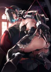 Rule 34 | 1girl, anal, anal hook, anal object insertion, apron, ass, azur lane, ball gag, bdsm, bikini, black hair, bondage, bound, bound arms, bound wrists, breasts, cameltoe, collar, cuffs, ear piercing, gag, gagged, hair ornament, high heels, highres, horns, looking at viewer, maid, maid bikini, maid headdress, mechanical horns, medium breasts, object insertion, official alternate costume, piercing, puffy short sleeves, puffy sleeves, pussy juice, red horns, restrained, saliva, shoe soles, short sleeves, skirt, solo, stationary restraints, swimsuit, thighhighs, ulrich von hutten (azur lane), ulrich von hutten (mayhem maid) (azur lane), unconventional maid, white apron, wiffle gag, x hair ornament, zomzomzomsauce