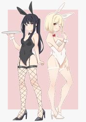 Rule 34 | 2girls, absurdres, animal ears, anime oekaki13, bare shoulders, black bow, black bowtie, black footwear, black hair, black leotard, blonde hair, blush, bob cut, border, bow, bowtie, breasts, closed mouth, commentary request, detached collar, fake animal ears, fake tail, fishnet thighhighs, fishnets, full body, high heels, highres, inoue takina, large breasts, leotard, long hair, looking at viewer, lycoris recoil, medium breasts, multiple girls, nishikigi chisato, pink background, playboy bunny, ponytail, purple eyes, rabbit ears, rabbit tail, red bow, red bowtie, red eyes, short hair, sidelocks, simple background, smile, strapless, strapless leotard, tail, thighhighs, white border, white footwear, white leotard, white wrist cuffs, wrist cuffs