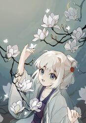Rule 34 | 1girl, :d, absurdres, arifuta, bai yuxiu, blue eyes, braid, branch, bug, butterfly, chinese clothes, duijin ruqun, fengling yuxiu, flower, grey eyes, grey hair, hair ornament, hanfu, highres, insect, long hair, long sleeves, looking at viewer, lotus, magnolia, open mouth, smile, solo, upper body, water, white flower, white hair, wide sleeves