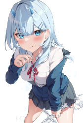Rule 34 | 1girl, absurdres, auui, black bow, black skirt, blue cardigan, blue eyes, blue hair, blush, bow, breasts, cardigan, closed mouth, collared shirt, commentary, dress shirt, fang, fang out, hair bow, hair ornament, hairclip, hand up, highres, holding, holding sword, holding weapon, horns, leaning forward, liquid weapon, long hair, long sleeves, looking at viewer, medium breasts, neck ribbon, off shoulder, open cardigan, open clothes, original, pleated skirt, red ribbon, ribbon, school uniform, shirt, simple background, skirt, sleeves past wrists, solo, sword, weapon, white background, white shirt