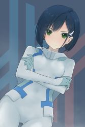 Rule 34 | 10s, 1girl, bad id, bad pixiv id, blue hair, breasts, covered navel, crossed arms, darling in the franxx, dutch angle, expressionless, fmttps, green eyes, hair ornament, hairclip, highres, ichigo (darling in the franxx), looking at viewer, medium breasts, pilot suit, short hair, skin tight, solo, standing