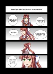 Rule 34 | 1girl, 4koma, :d, arkeden razeare, bow, brown hair, collared shirt, comic, commentary, crying, crying with eyes open, doki doki literature club, english commentary, english text, closed eyes, furrowed brow, green eyes, hair bow, hair intakes, high ponytail, highres, long hair, looking at viewer, monika (doki doki literature club), neck ribbon, open mouth, parted lips, profile, red ribbon, ribbon, school uniform, shaded face, shirt, smile, speech bubble, tears, white bow, white shirt, wing collar