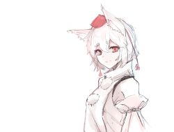 Rule 34 | 1641 (chfhrtor94), 1girl, animal ears, closed mouth, detached sleeves, inubashiri momiji, looking at viewer, pom pom (clothes), red eyes, short hair, simple background, solo, touhou, upper body, white background, white hair, wide sleeves, wolf ears