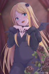 Rule 34 | 1girl, black dress, black nails, black neckwear, blonde hair, blue eyes, blush, breasts, cleavage, demon girl, dress, fang, fur trim, highres, long hair, looking at viewer, nail polish, overlord (maruyama), parted bangs, renner theiere chardelon ryle vaiself, small breasts, smile, very long hair, yandere