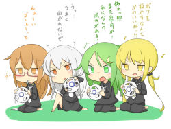 Rule 34 | 10s, 4girls, ?, ^^^, barefoot, black serafuku, blonde hair, brown eyes, brown hair, commentary request, controller, crescent, crescent hair ornament, game controller, glasses, green eyes, green hair, hair ornament, kantai collection, kikuzuki (kancolle), long hair, long sleeves, mochizuki (kancolle), multiple girls, musical note, nagatsuki (kancolle), necktie, open mouth, satsuki (kancolle), school uniform, serafuku, simple background, sitting, sweat, translation request, twintails, white hair, white syndrome, wii remote, yellow eyes