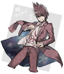 Rule 34 | 1boy, brown hair, collarbone, collared shirt, cropped legs, danganronpa (series), danganronpa v3: killing harmony, facial hair, goatee, grey background, grin, jacket, juugonichi (wheeliex2), long sleeves, looking at viewer, male focus, momota kaito, open clothes, open shirt, pants, pink jacket, pink pants, print shirt, purple hair, shirt, short hair, smile, solo, space print, spiked hair, starry sky print, translation request, white background, white shirt